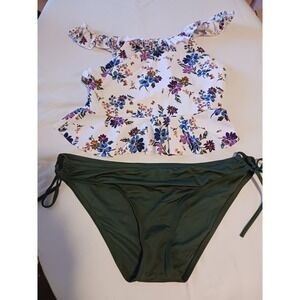 Beachsissi Tankini Top Off The Shoulder Ruffle White Floral XL Kona Sol Bottom L